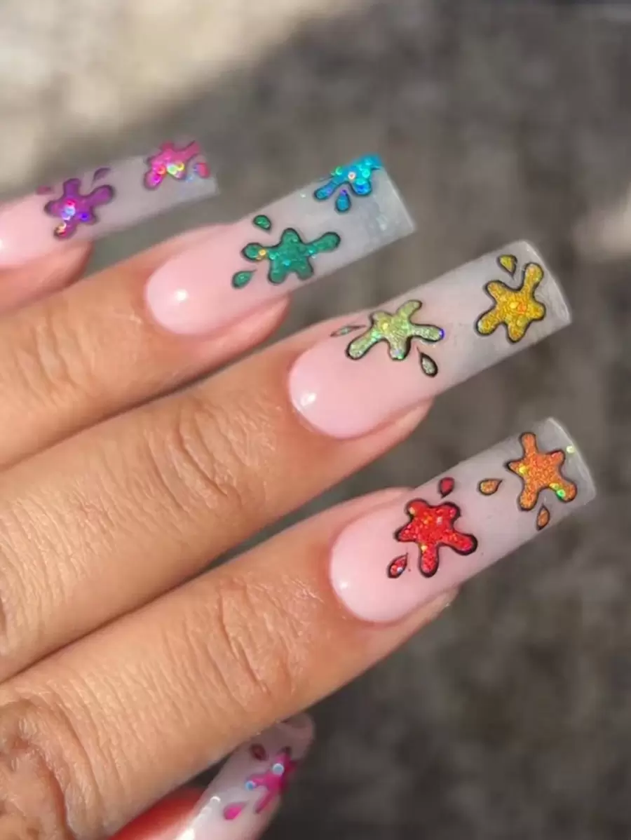 24入組可愛的有色棺材形狀指甲藝術套裝,帶有珍珠光澤和閃粉,適合派對、跳舞和日常穿著 - 彩色 - 查看 1