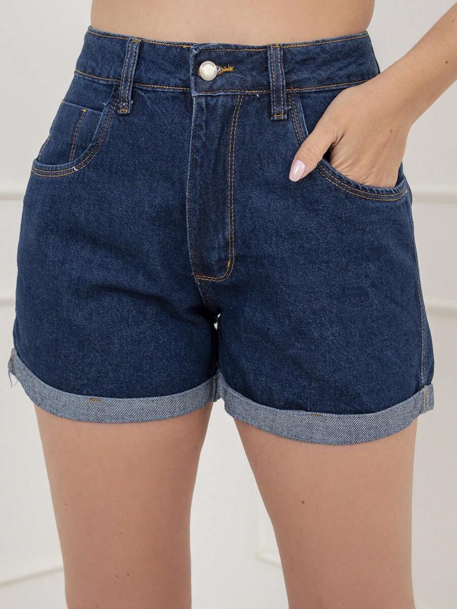 Women Denim Shorts - 深色水洗藍 - 查看 1