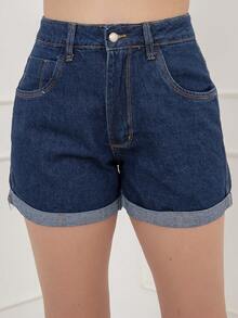 Women Denim Shorts - 深色水洗藍 - 查看 5