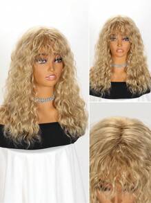 Golden Curly Wig With Bangs Medium Synthetic Wigs - 金色 - 查看 1