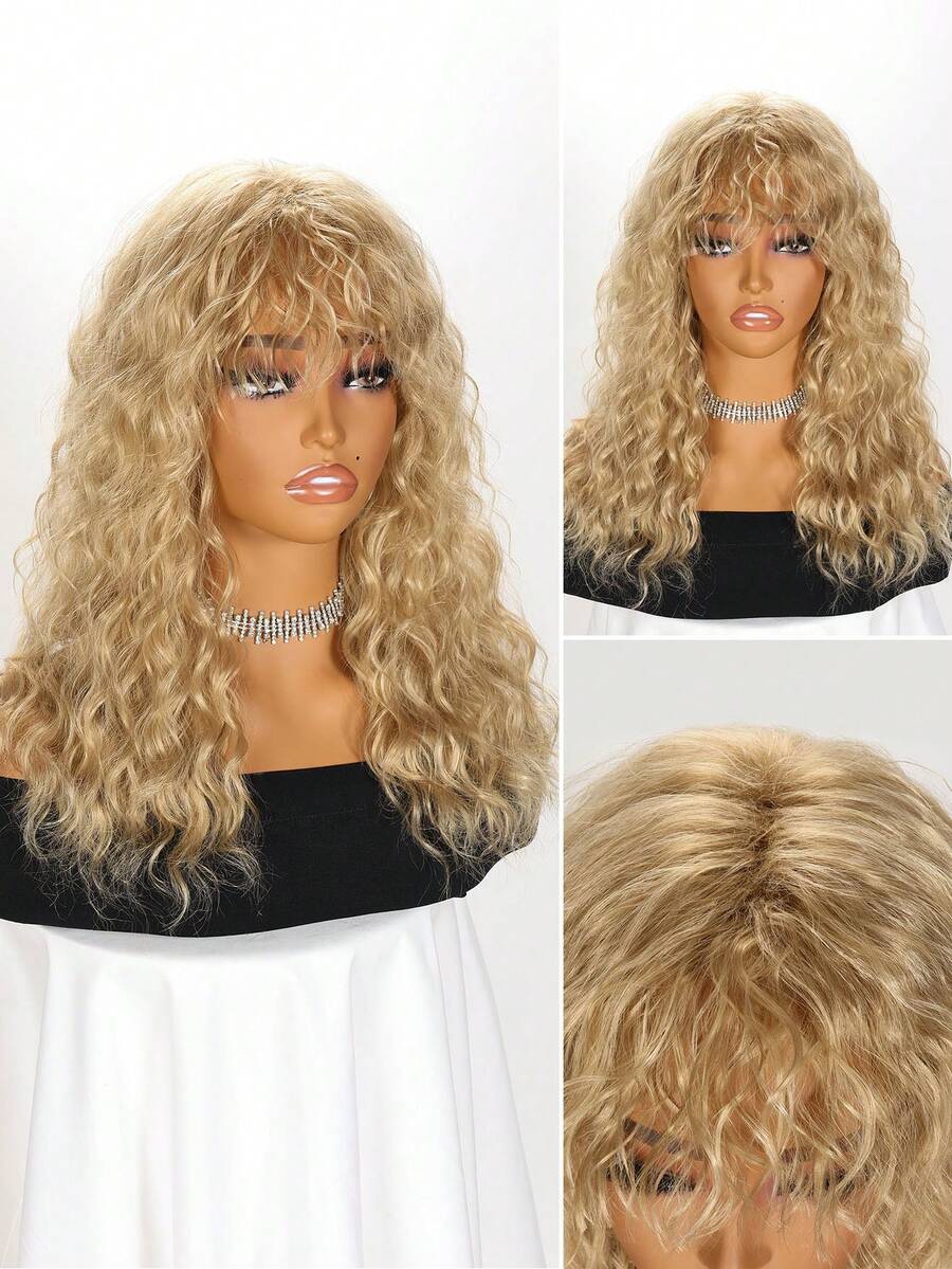Golden Curly Wig With Bangs Medium Synthetic Wigs - 金色 - 查看 1