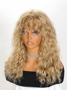 Golden Curly Wig With Bangs Medium Synthetic Wigs - 金色 - 查看 2