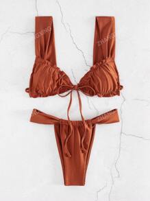 New Fashion Sexy Solid Color Bikini Set Women's Split Type With Rope Tie And Ruffled Hem Bathing Suit For Summer Beach