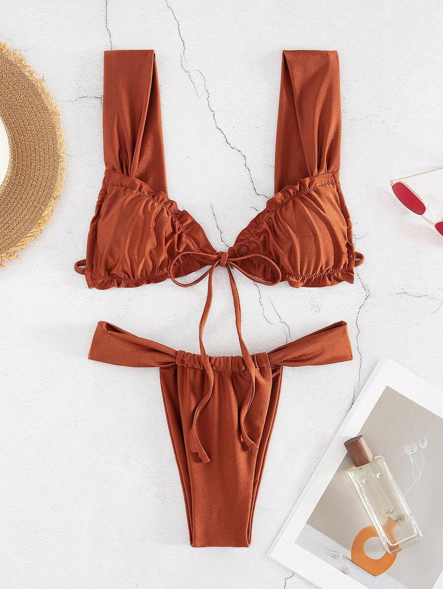 New Fashion Sexy Solid Color Bikini Set Women's Split Type With Rope Tie And Ruffled Hem Bathing Suit For Summer Beach - Brown - View 1