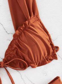 New Fashion Sexy Solid Color Bikini Set Women's Split Type With Rope Tie And Ruffled Hem Bathing Suit For Summer Beach - Brown - View 4
