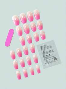 沒想到你還能變得更甜 24入組櫻花粉色微妙漸層按壓指甲短棺材漸變全罩假指甲套件 - 彩色 - 查看 2