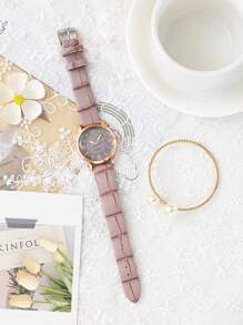 两件套女士手表套装，简约时尚的PU皮革石英手表搭配精致手链，适合日常佩戴。 - 紫色 - 查看 4