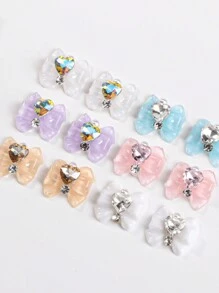 12 件/袋蝴蝶结指甲饰品装饰用心形水钻指甲，美甲小配件 - 彩色 - 查看 3