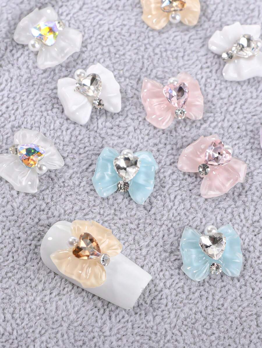 12 件/袋蝴蝶结指甲饰品装饰用心形水钻指甲，美甲小配件 - 彩色 - 查看 1