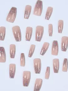 24pcs Coffin Shaped Glitter Translucent False Nails Set, Includes 1pc Jelly Gel And 1pc Nail File, Upgrade Your Manicure Style - Multicolor - View 3