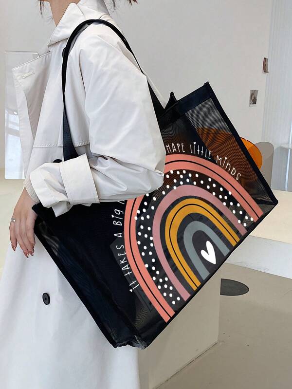 Grand sac fourre-tout à mailles avec décor de lettre pour le stockage et les courses de vacances à la plage pour les adolescentes, les étudiantes universitaires et les femmes, cadeau pour la fête des enseignants, cadeaux de fête, cadeau pour maman, design à motif arc-en-ciel, sac d'école, portable, grande capacité, pour les adolescentes, les étudiantes universitaires et les femmes, parfait pour le bureau, l'université, le collège, le lycée, le travail, les affaires, le transport, le bureau, la plage, les meilleurs cadeaux pour les enseignants, cadeau de remerciement pour l'enseignant