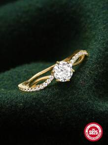 1入組經典六爪爪鑲立方氧化鋯圓環適合女士,S925純銀,理想適用於訂婚和婚禮