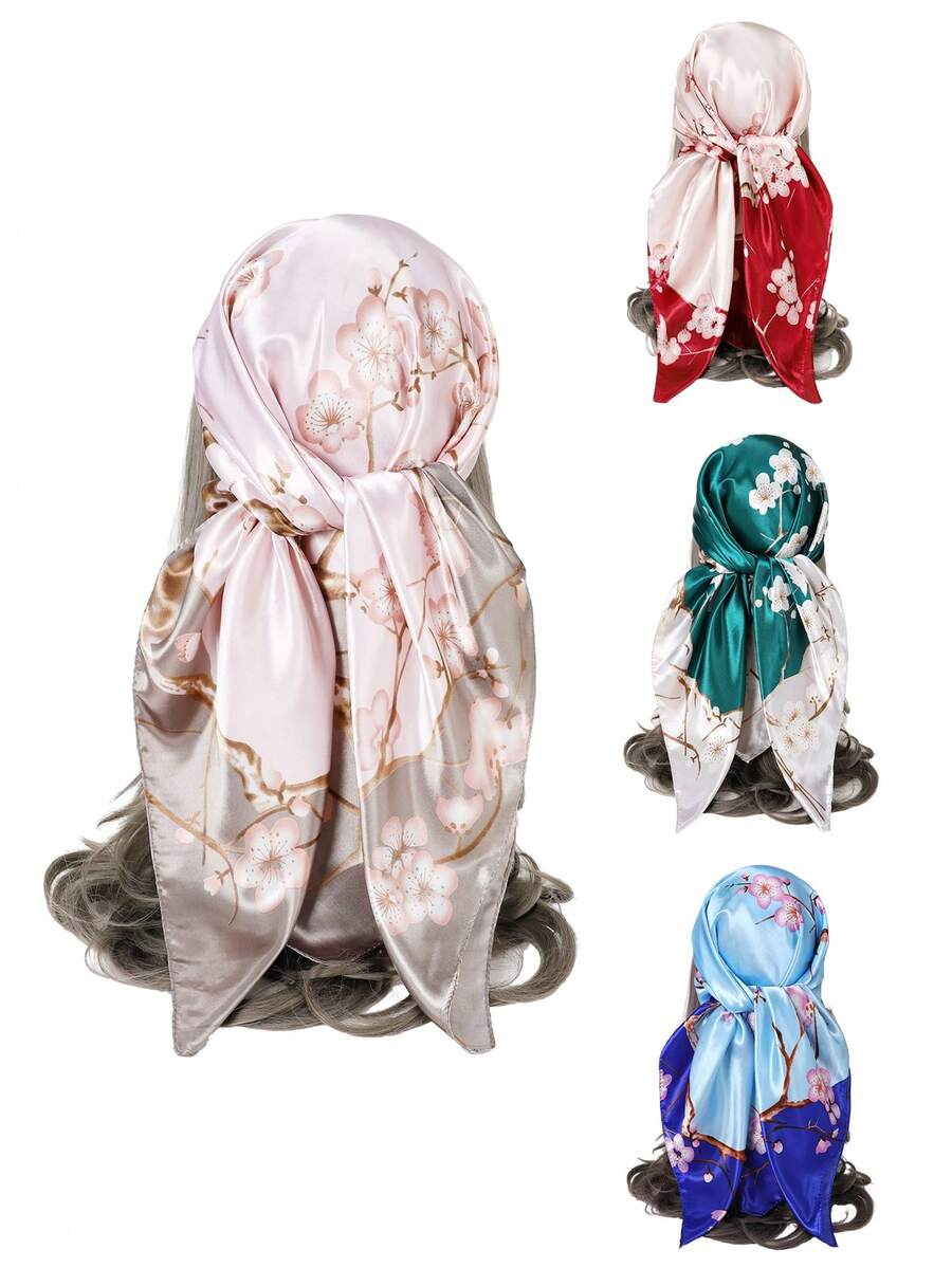 1個女士多色梅花圖案仿真絲時尚圍巾、披肩、頭帶、沙灘巾,適合日常穿著 - 粉色 - 查看 1