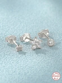 3入組 2mm 3mm 4mm 925純銀女士耳環，經典四爪耳釘，歐美時尚蛋白石珠寶禮物 - 銀色 - 查看 3