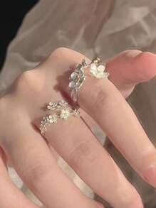 2pcs/set Simple Flower Shaped Open Ring For Women, Jewelry Gift - Silver - View 4