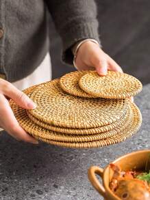 1pc Plain Round Placemat, Woven Design Vintage Insulation Mat, Coaster For Home - Khaki - View 10