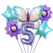 7 件裝卡通彩色蝴蝶、紫色花朵、數字鋁箔氣球套裝適合兒童生日、派對裝飾 - 讓您的派對更加迷人 - 彩色 - 查看 8