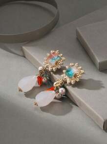 1對波西米亞風格白色向日葵設計耳夾、耳環、掛耳 - 白色 - 查看 2