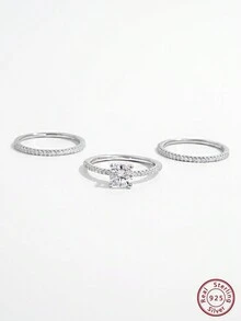 1 Bộ Nhẫn Đá Chính Tròn Zirconia Nhân Tạo Bằng Bạc 925 Cổ Điển, Tuyệt Đẹp, Thanh Lịch Và Phong Cách Với Đá Nửa Vòng Tròn Một Lớp Bộ Nhẫn Cho Nữ, Thích Hợp Để Hẹn Hò, Dự Tiệc Và Đeo Hàng Ngày, Thể Hiện Sự Thanh Lịch Tốt Và Làm Một Món Quà Lý Tưởng Trang Sức Cô Dâu Cưới Đính Hôn - Bạc - Xem 3
