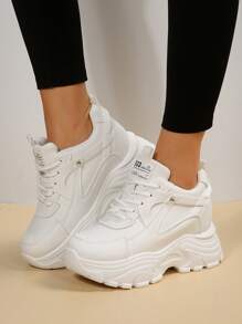 Women's Pu Leather Cross Strap Thick-soled Shoes With Hidden Heel & Wedge Heel, White Color, Suitable For Daily Sports Activities & Casual Wear, The Soles Are Designed To Be Suitable For Short Women - White - View 1