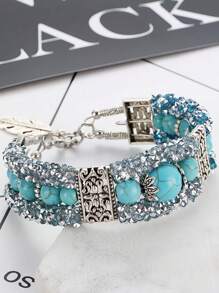 1pc Stainless Steel Wire Bangle With Green Turquoise Stone