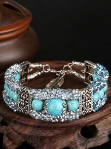 1pc Stainless Steel Wire Bangle With Green Turquoise Stone