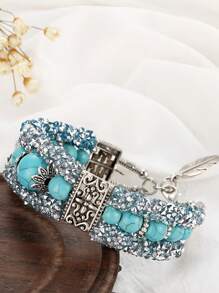 1pc Stainless Steel Wire Bangle With Green Turquoise Stone
