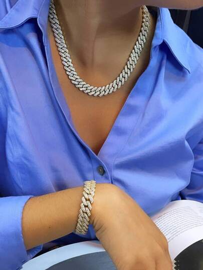 CVNANA 1pc European & American Style Luxurious Rhinestone Decor Necklace Or Bracelet, Male/female, Gold/silver Plated Chain, Multiple Size Selections