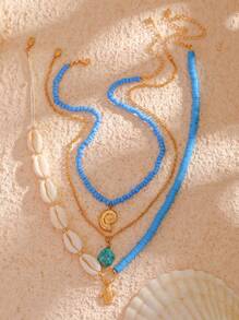 3pcs/Set Vintage Turquoise Summer Style Metal Necklace With Sea Shell & Turtle Pendant, Ladies' Glamorous & Fashionable Jewelry Set With Rhinestone & Faux Pearl & Soft Pottery Element - Multicolor - View 3