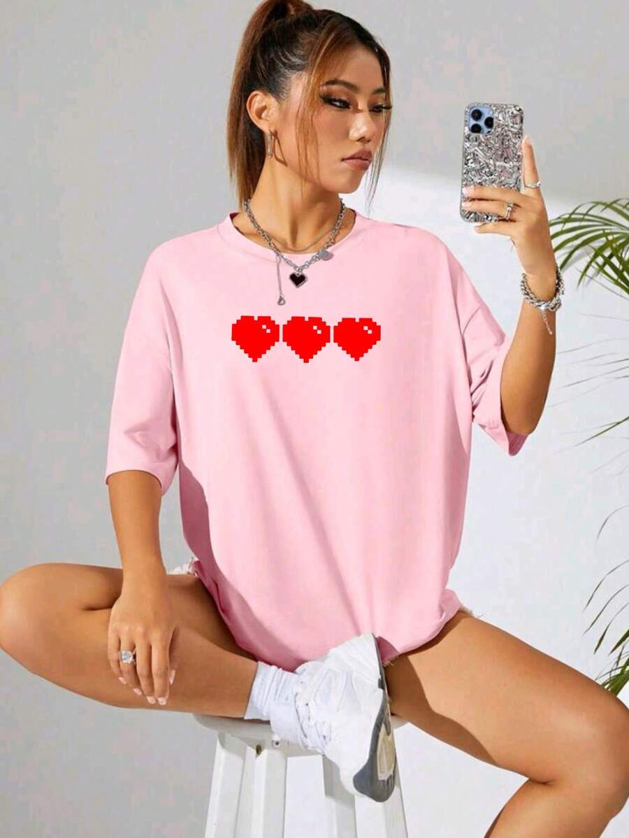 Oversized camiseta feminina ombro caído ocasional 100% algodão com gráfico de coração animada estampadas - Rosa Bebê - Visão 1