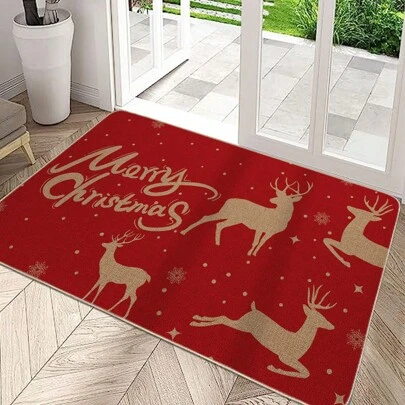1件装圣诞驯鹿图案迎宾垫，现代吸水防滑室内入口地毯，圣诞门垫，圣诞装饰，红色地毯，吸水防滑亚麻材质黄麻地毯，户外门垫，圣诞礼物，装饰地毯，入口鞋底刮泥垫，门垫，泡沫垫，除尘门垫，入口迎宾垫，适用于圣诞节、客厅、卧室、厨房、室内入口等场所。