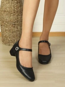 Women's Square Toe Slip-On Casual Comfortable Rhinestone Buckle Chunky Heel Soft Bottom Work Shoes - Black - View 3