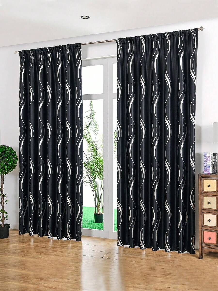 1pc Silver-color Heat Insulated Blackout Wavy Pattern Curtains For Banquet Hall, Living Room, Bedroom - Black - View 1