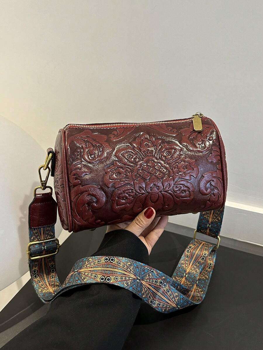 復古花紋壓紋桶包,經典拉鍊單肩包,女士斜挎包