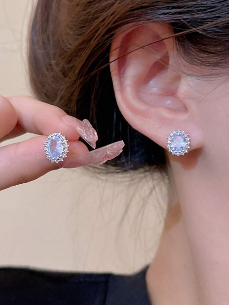 1雙銀色調閃閃發光水鑽細節優雅&多用途極簡風格耳釘 - 銀色 - 查看 3