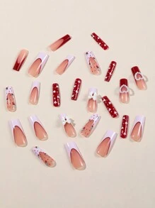 24入組棺材設計全覆式假指甲，草莓印花，心形和蝴蝶結裝飾，可拆式修甲套件，適用於派對和日常乾貼指甲，美甲用品，女性適用 - 彩色 - 查看 3