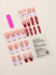 24入組棺材設計全覆式假指甲，草莓印花，心形和蝴蝶結裝飾，可拆式修甲套件，適用於派對和日常乾貼指甲，美甲用品，女性適用 - 彩色 - 查看 2