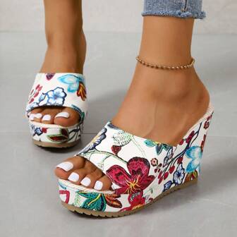 女式花紋厚底楔型跟夏季拖鞋2024款，高防水臺面，粗跟，時尚踝帶涼鞋，大碼
