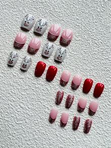 新年顶级新年伊娃。圣诞按压指甲短假指甲带红色图案光泽丙烯酸胶指甲全覆盖粘贴指甲人造静电指甲女士 24 件短方形圣诞老人圣诞老人红色金箔闪光雪花指甲指甲指甲。人造按压指甲可反复佩戴，配有一块果冻 + 指甲锉（指甲锉颜色随机） - 彩色 - 查看 2