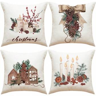 4pcs/set Christmas Polyester Throw Pillow Case, Ice skate Candle Christmas Tree Square Cushion Case, Decorative Pillow Cover For Living Room Bedroom Couch Sofa, Home Decor Room Decor Party Decor Single-Sided Printed No Pillow Insert 17.7in*17.7in