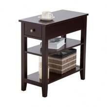 Bedside Table With 3 Levels, Side Table With Drawer & 2 Open Shelves, Modern Bedside Table For Bedroom, Living Room, Narrow And Space-Saving, Choice Of Colors - 咖啡棕 - 查看 1