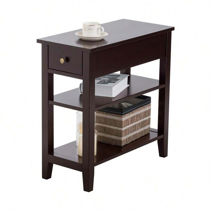 Bedside Table With 3 Levels, Side Table With Drawer & 2 Open Shelves, Modern Bedside Table For Bedroom, Living Room, Narrow And Space-Saving, Choice Of Colors - 咖啡棕 - 查看 1