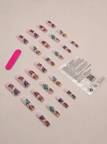 24入組可愛的有色棺材形狀指甲藝術套裝,帶有珍珠光澤和閃粉,適合派對、跳舞和日常穿著 - 彩色 - 查看 2