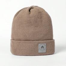 1pc Unisex Solid Color Knitted Hat With Thermal Lined And Leather Patch, Suitable For Autumn Winter - Khaki - View 1