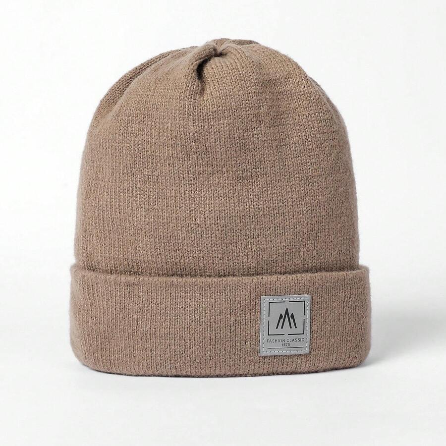 1pc Unisex Solid Color Knitted Hat With Thermal Lined And Leather Patch, Suitable For Autumn Winter - Khaki - View 1