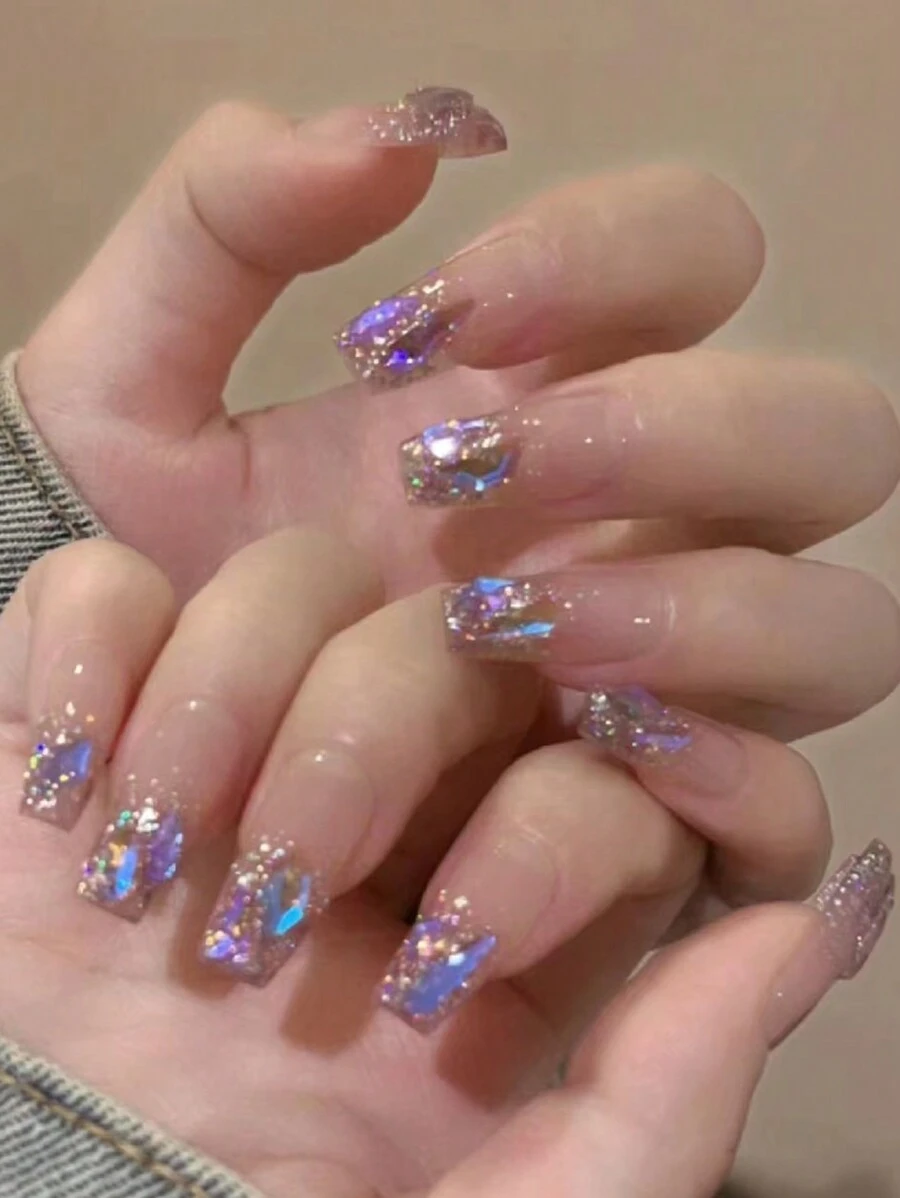 24入組長棺材形狀閃爍及3D鑽石設計的假指甲套裝，附1入組果凍膠及1入組指甲文件，貼片指甲美容工具 - 紫色 - 查看 1