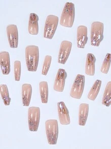 24入組長棺材形狀閃爍及3D鑽石設計的假指甲套裝，附1入組果凍膠及1入組指甲文件，貼片指甲美容工具 - 紫色 - 查看 4