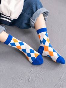 5 Chicos azul de cuadros de rayas diseño bloquear color con diseño de letra elástico cómodo Calcetines hasta mitad de pantorrilla , Fin de la primavera deporte informal estilo para para niños Zapatos de atletismo , de niño de moda de moda invierno Calcetines - Multicolor - Ver 4
