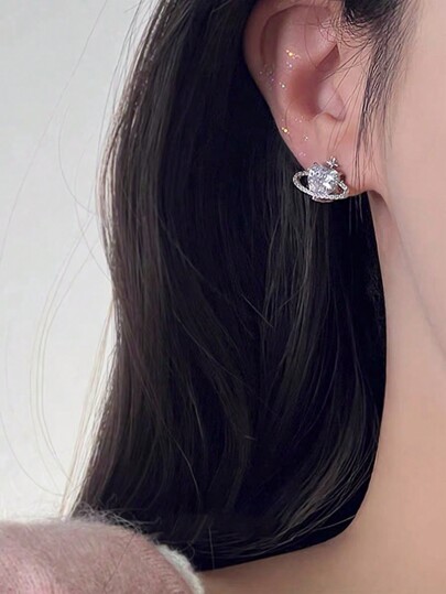 1pair Personality Copper Plated Micro-Inlaid Cubic Zirconia Planet & Heart Shaped Clip On Earrings For Women Valentines,Mom,Mother,Mother's Day,Gift