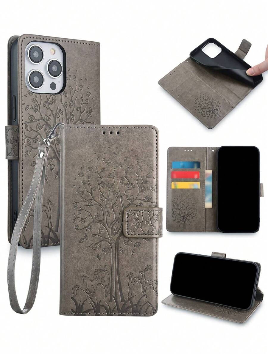 keyunfei 1 chiếc ốp lưng kiêm ví đựng thẻ chống rơi, họa tiết vân cây màu xám, có chân đế và dây đeo da kèm khóa, tương thích với Apple 14/A12/P20 Lite/Poco X5/Redmi Note 10s/Realme C11 2021/Oppo A16/Honor X9a 5g/ Nord Ce 2 Lite 5g. Phiên bản quốc tế, không phải phiên bản nội địa. - Xám - Xem 1